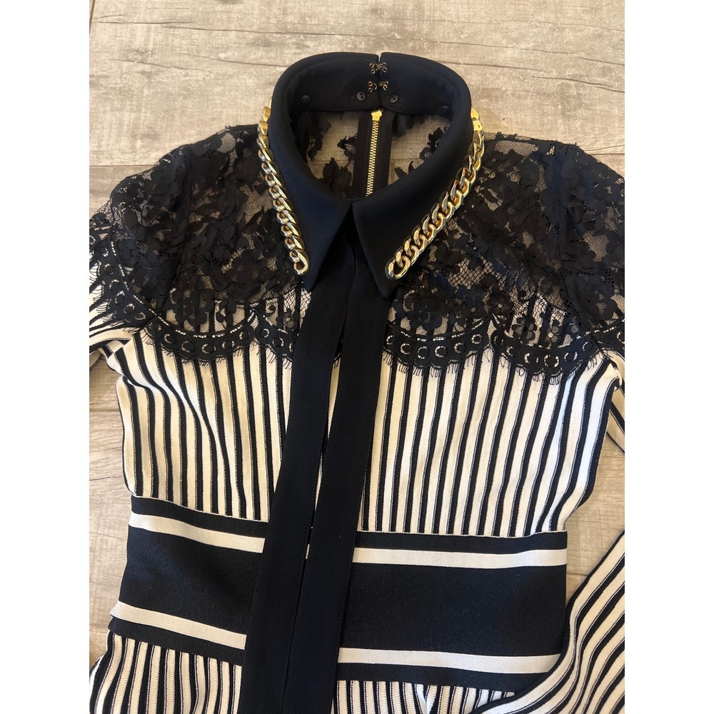 ELIE SAAB Floral Lace Knitted Long Sleeve Dress Black White Striped Chain Collar - Picture 11 of 16